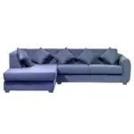 Gray sectional sofa with cushions on white background.